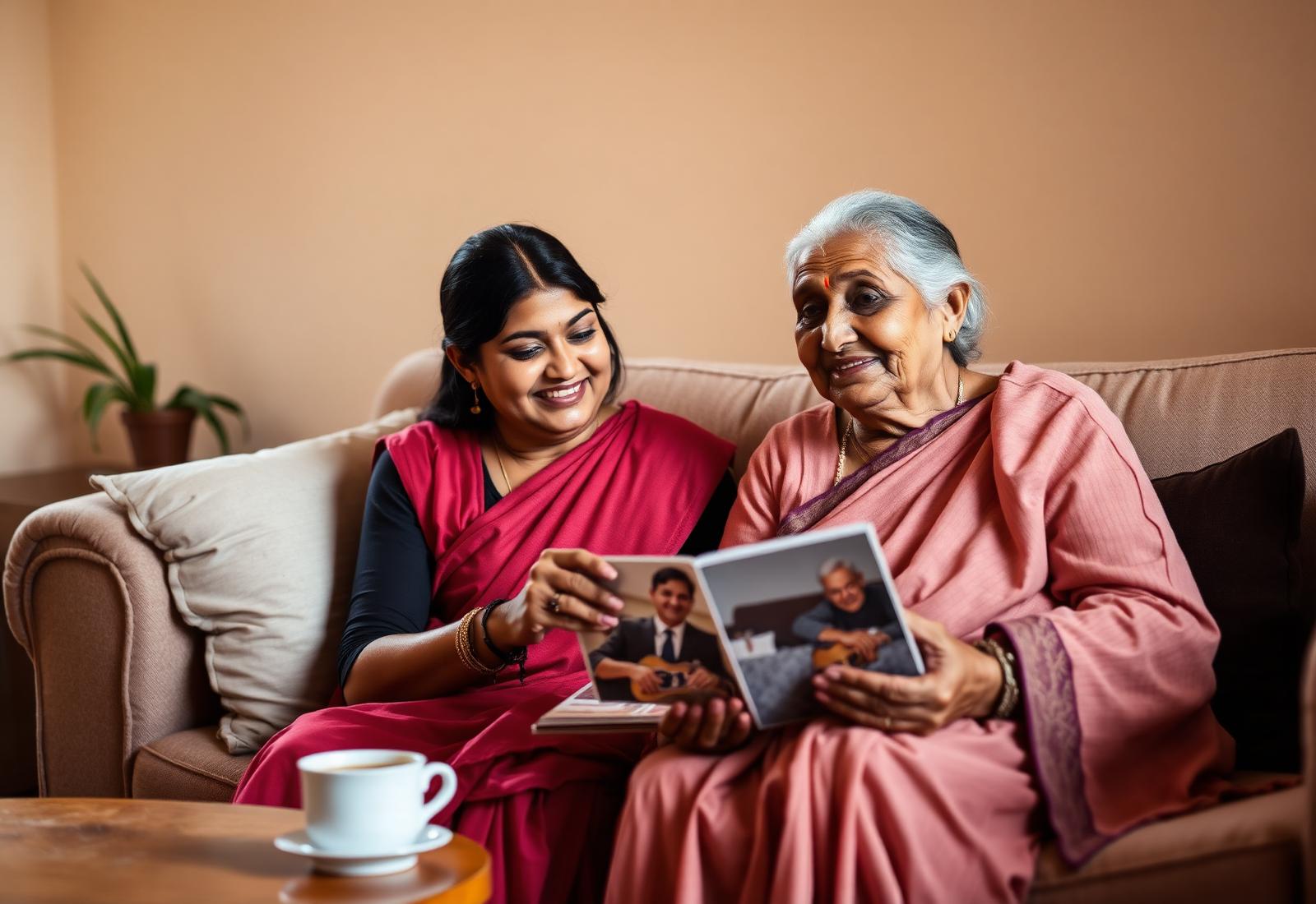 A young companion sitting with an elderly Indian woman, looking through a photo album together in warm afternoon light.